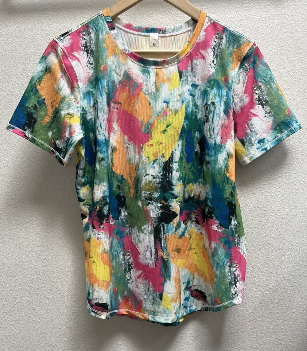 Lululemon High Neck Run Train Tee Womens 8 Multicolor Paint Splatter Shirt